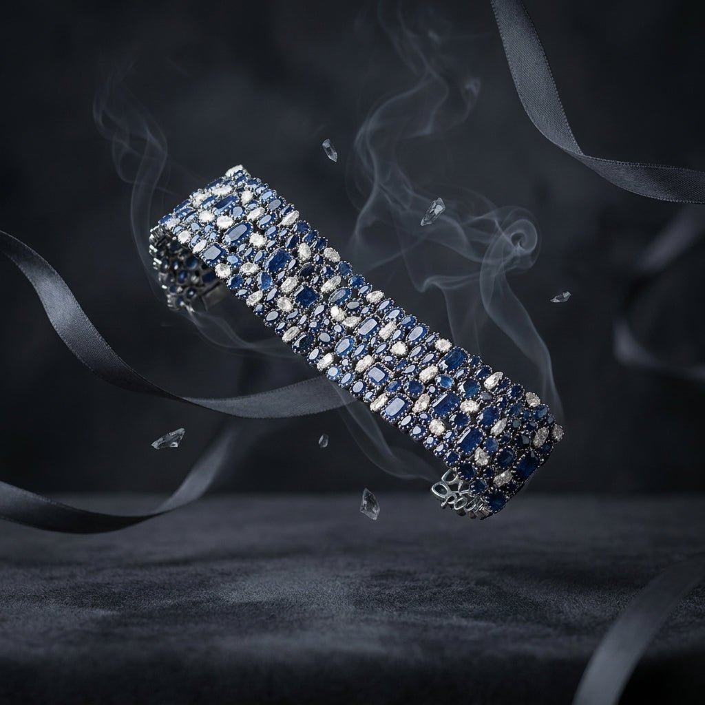 Handcrafted Bracelet with Natural Polki, Blue Sapphire & Diamonds | One-of-a-Kind Luxury Silver Jewelry