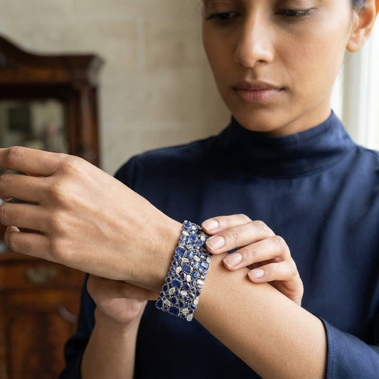 Handcrafted Bracelet with Natural Polki, Blue Sapphire & Diamonds | One-of-a-Kind Luxury Silver Jewelry - Antiqa Handcrafted