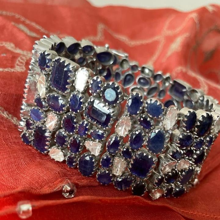 Handcrafted Bracelet with Natural Polki, Blue Sapphire & Diamonds | One-of-a-Kind Luxury Silver Jewelry