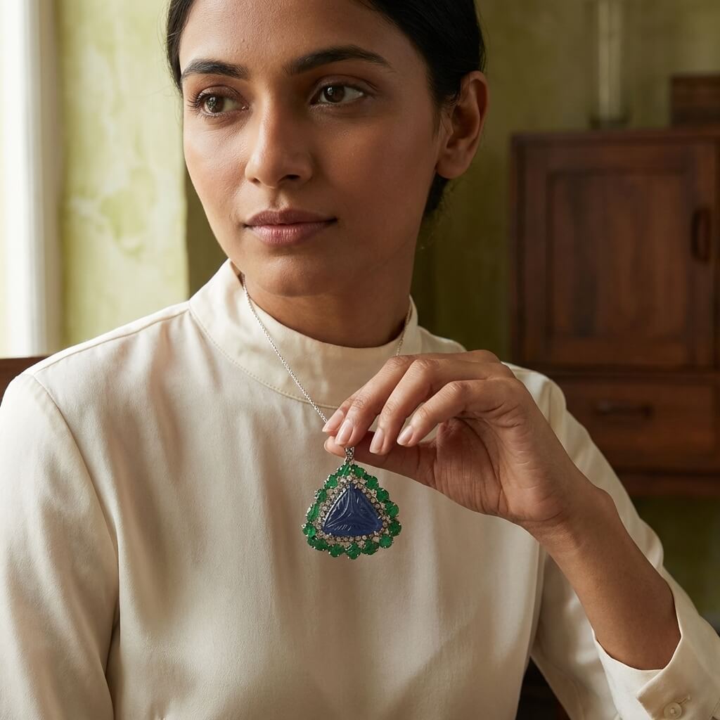 Handcrafted Carved Sapphire & Emerald Pendant – Vintage-Inspired with Diamond Accents