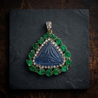 Handcrafted Carved Sapphire & Emerald Pendant – Vintage-Inspired with Diamond Accents