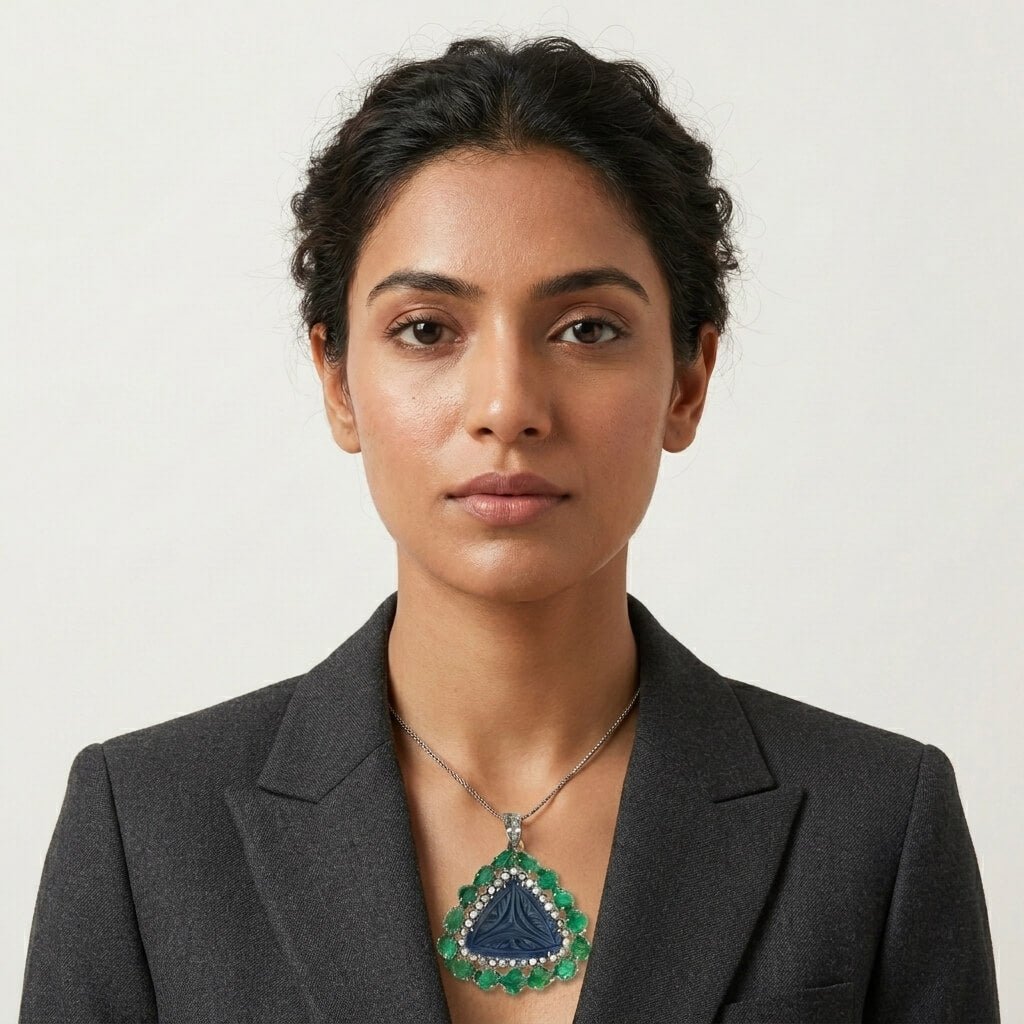 Handcrafted Carved Sapphire & Emerald Pendant – Vintage-Inspired with Diamond Accents