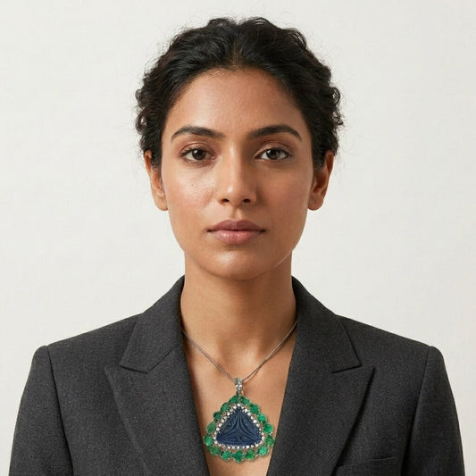 Handcrafted Carved Sapphire & Emerald Pendant – Vintage-Inspired with Diamond Accents - Antiqa Handcrafted