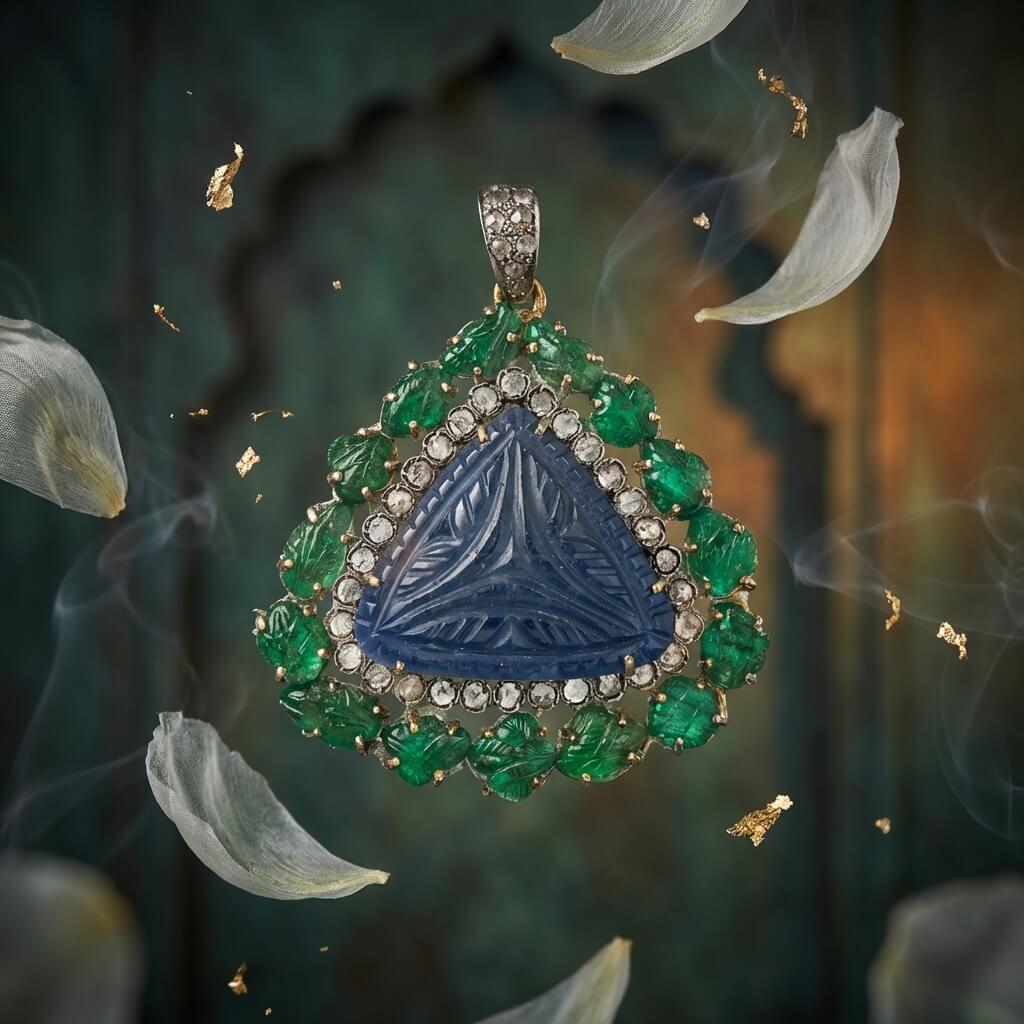 Handcrafted Carved Sapphire & Emerald Pendant – Vintage-Inspired with Diamond Accents
