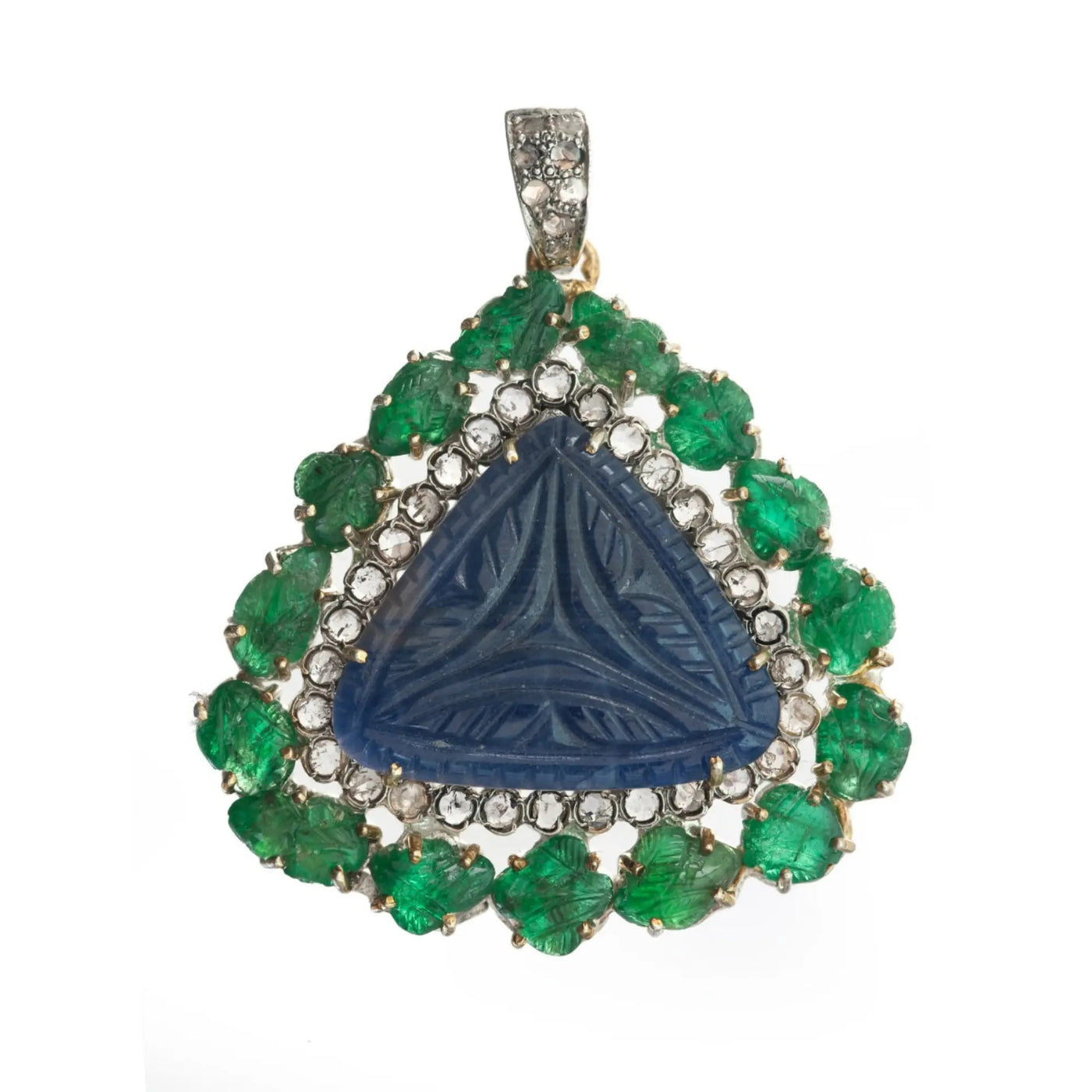 Handcrafted Carved Sapphire & Emerald Pendant – Vintage-Inspired with Diamond Accents