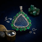 Handcrafted Carved Sapphire & Emerald Pendant – Vintage-Inspired with Diamond Accents