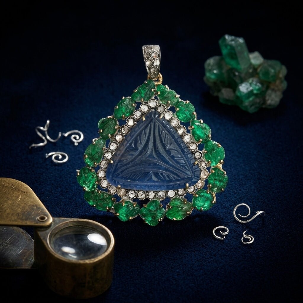 Handcrafted Carved Sapphire & Emerald Pendant – Vintage-Inspired with Diamond Accents