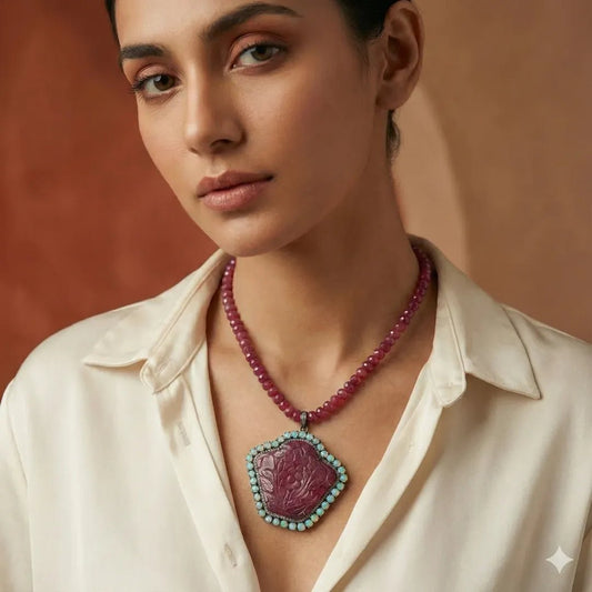 Handcrafted Carved Thai Ruby Pendant with Opal Halo & Melee Diamonds - Antiqa Handcrafted