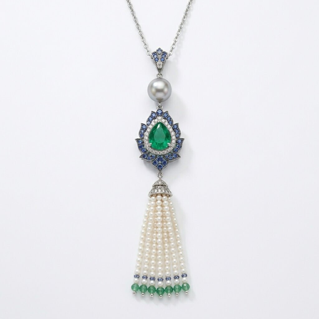 Handcrafted Emerald & Blue Sapphire Tassel Pendant – Sterling Silver & Pearl Accents