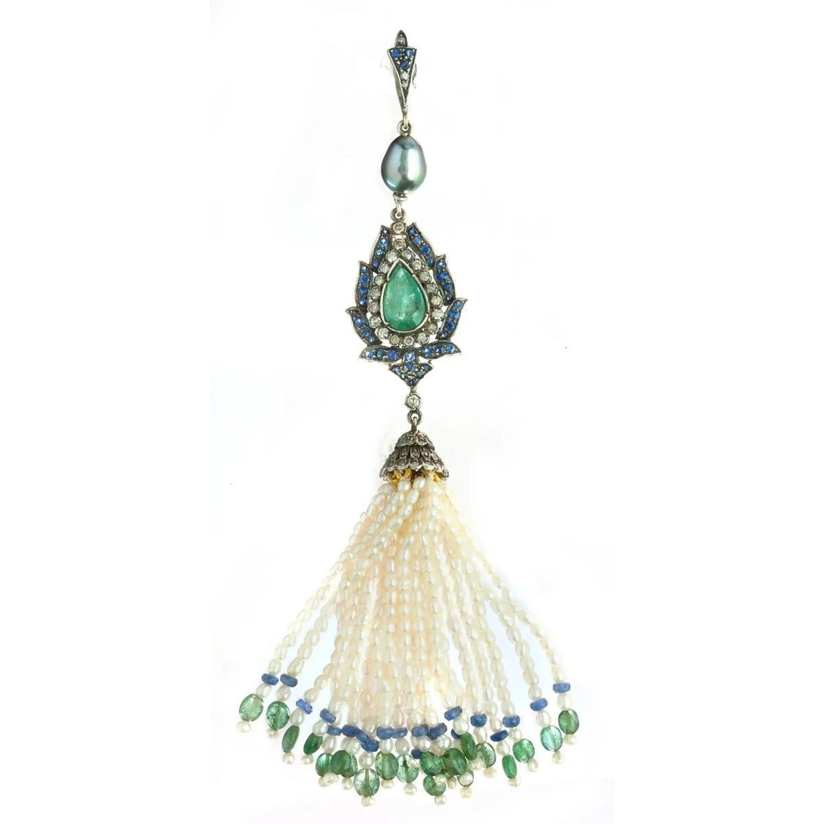 Handcrafted Emerald & Blue Sapphire Tassel Pendant – Sterling Silver & Pearl Accents