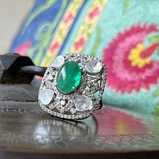 Handcrafted Emerald cabochon, Natural Polki diamond and Diamonds - Antiqa Handcrafted