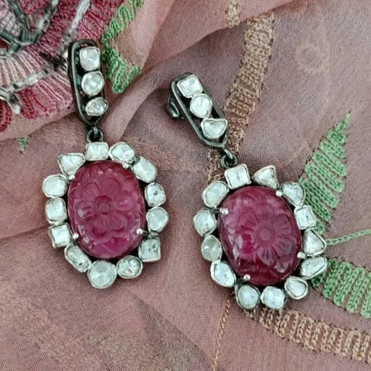 Handcrafted Floral Carved Ruby Earrings with Polki Diamonds - Antiqa Handcrafted