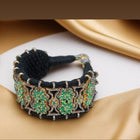 Handcrafted Jharokha-Style Sterling Silver Cuff with Zambian Emeralds & Melee Diamonds – Antique Fabric Base Design