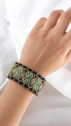 Handcrafted Jharokha-Style Sterling Silver Cuff with Zambian Emeralds & Melee Diamonds – Antique Fabric Base Design