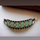 Handcrafted Jharokha-Style Sterling Silver Cuff with Zambian Emeralds & Melee Diamonds – Antique Fabric Base Design