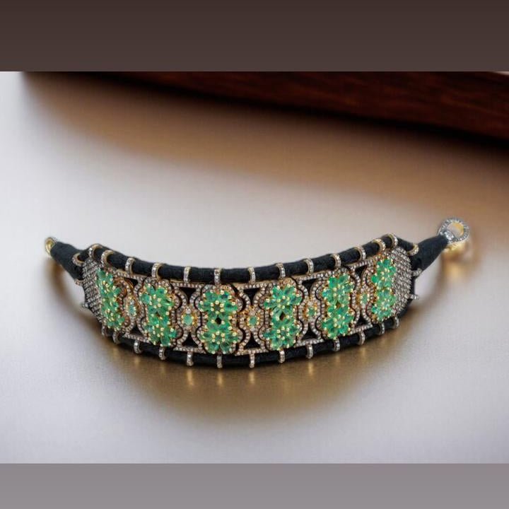 Handcrafted Jharokha-Style Sterling Silver Cuff with Zambian Emeralds & Melee Diamonds – Antique Fabric Base Design