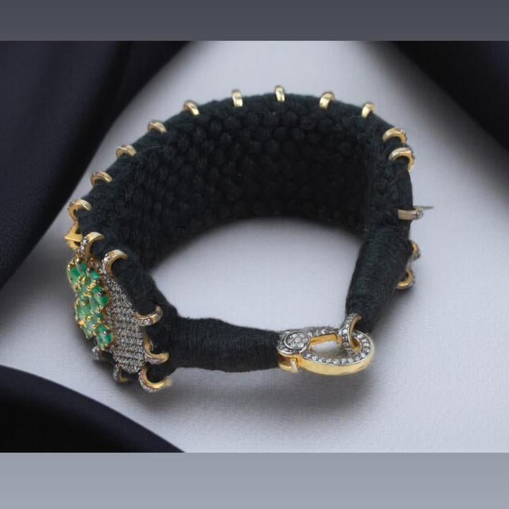 Handcrafted Jharokha-Style Sterling Silver Cuff with Zambian Emeralds & Melee Diamonds – Antique Fabric Base Design