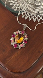 Handcrafted Mughal-Inspired Pendant | 13.05 Ct Oval Concave-Cut Natural Citrine with Thai Rubies & Diamonds | Sterling Silver Statement Necklace