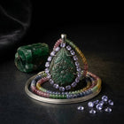 Handcrafted Mughal Style Carved Emerald, Tanzanite & Diamond Pendant
