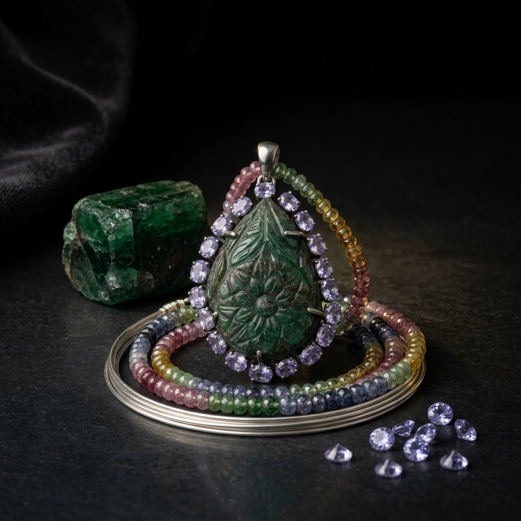 Handcrafted Mughal Style Carved Emerald, Tanzanite & Diamond Pendant