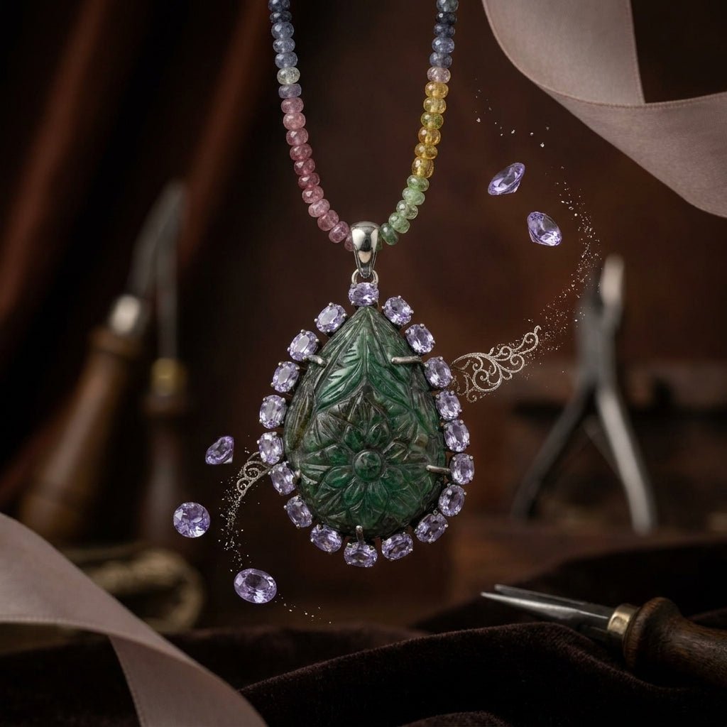 Handcrafted Mughal Style Carved Emerald, Tanzanite & Diamond Pendant