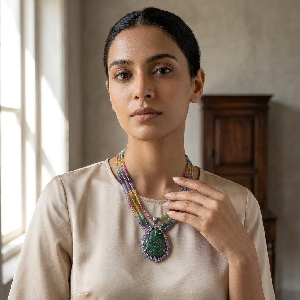 Handcrafted Mughal Style Carved Emerald, Tanzanite & Diamond Pendant