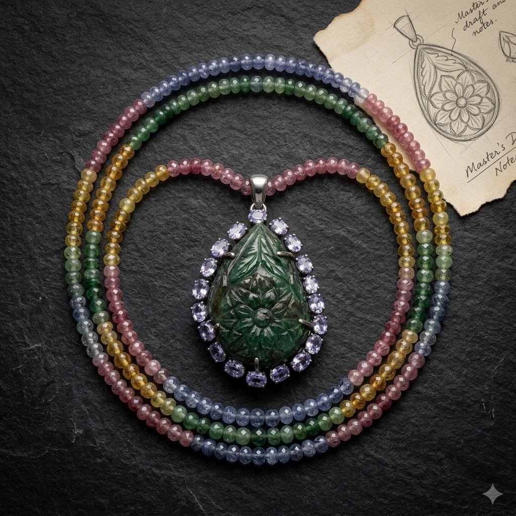 Handcrafted Mughal Style Carved Emerald, Tanzanite & Diamond Pendant
