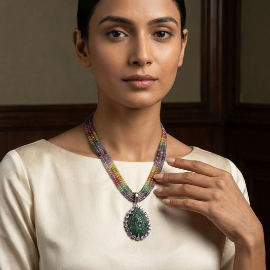 Handcrafted Mughal Style Carved Emerald, Tanzanite & Diamond Pendant - Antiqa Handcrafted