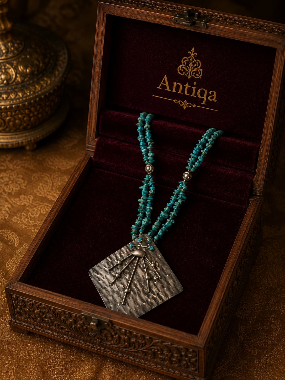 Handcrafted Persian Turquoise Beaded Necklace with Antique-Style Silver Pendant