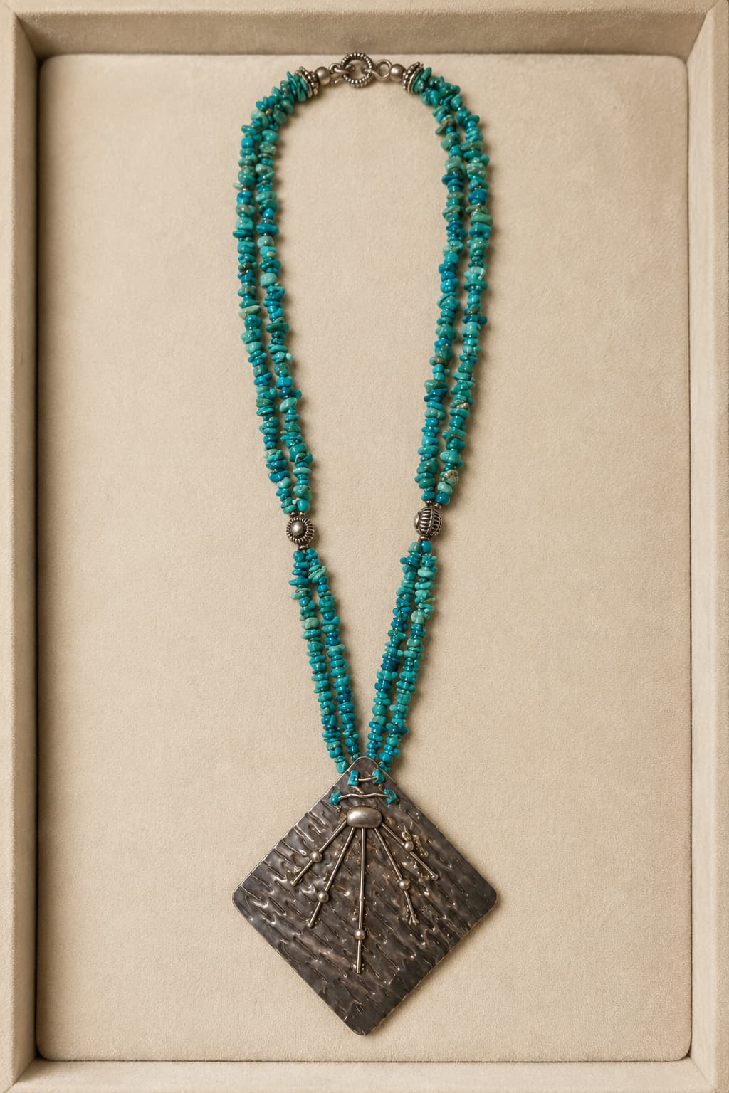 Handcrafted Persian Turquoise Beaded Necklace with Antique-Style Silver Pendant