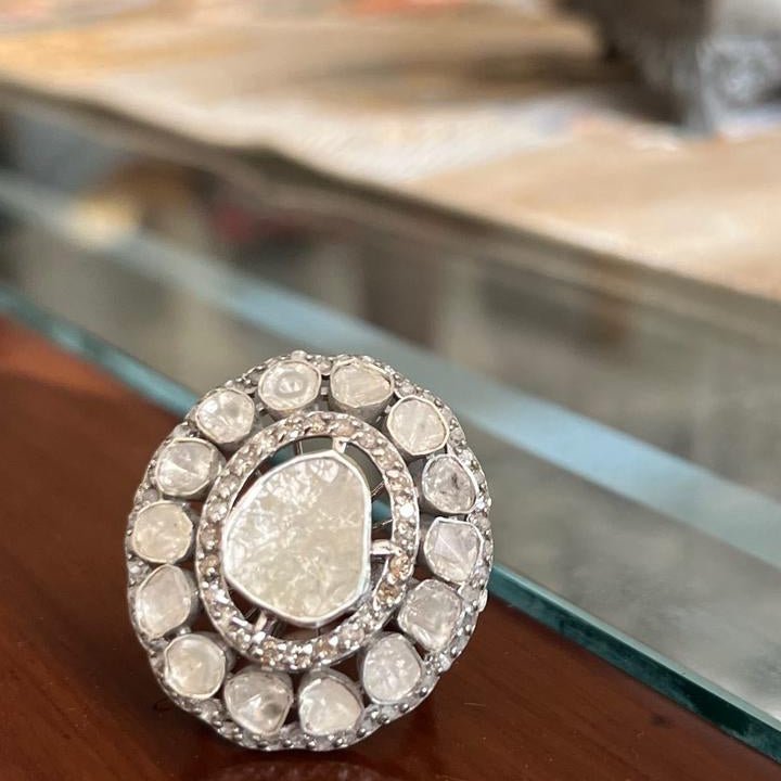 Handcrafted Polki Diamond and Diamond Statement Ring in Silver