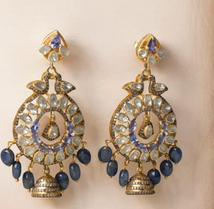 Handcrafted Polki Diamond Earrings with Blue Sapphire Beads, Kyanite & Melee Diamonds – Luxury Designer Jewelry