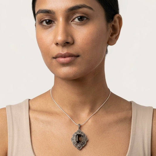 Handcrafted Smoky Quartz Diamond Pendant in Sterling Silver – Vintage Style - Antiqa Handcrafted