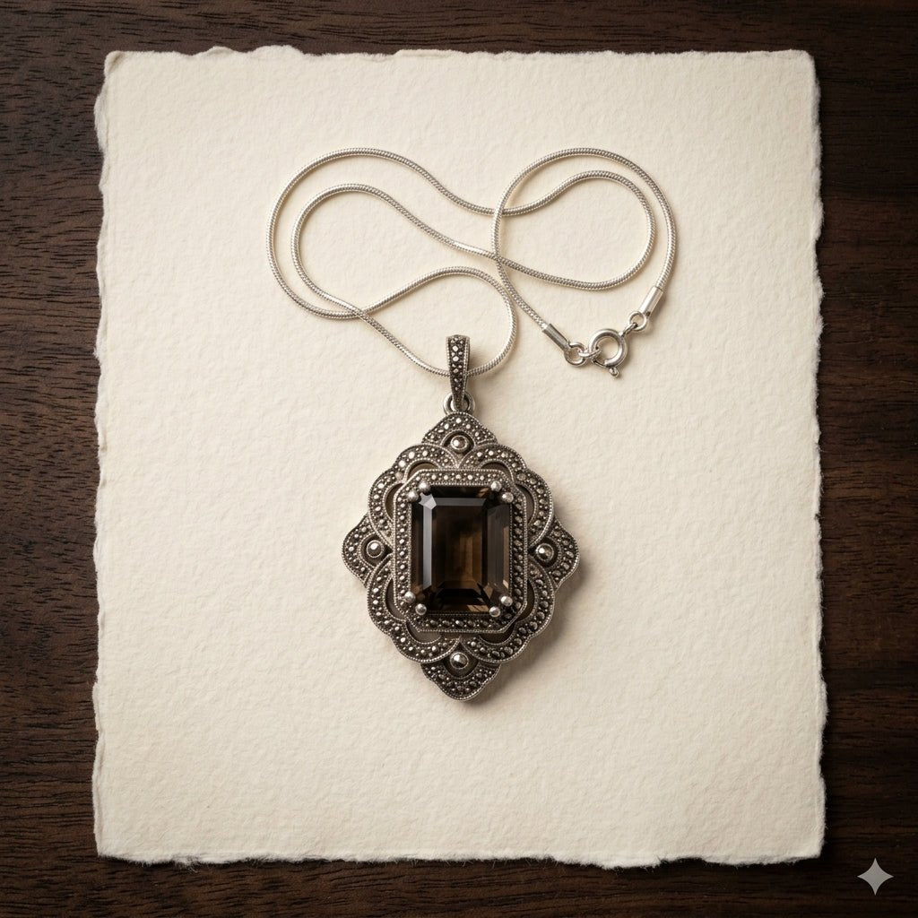 Handcrafted Smoky Quartz Diamond Pendant in Sterling Silver – Vintage Style