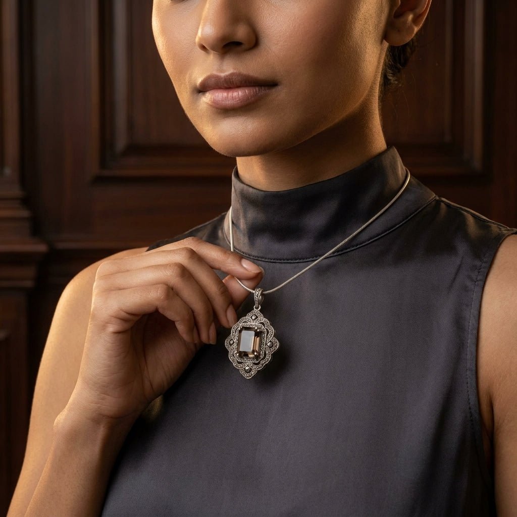Handcrafted Smoky Quartz Diamond Pendant in Sterling Silver – Vintage Style