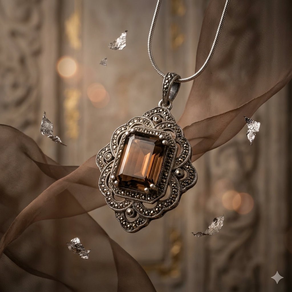 Handcrafted Smoky Quartz Diamond Pendant in Sterling Silver – Vintage Style