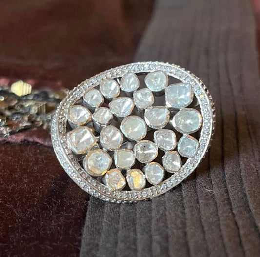 Handcrafted Stadium-Inspired Ring in Sterling Silver with Polki & Melee Diamonds - Antiqa Handcrafted