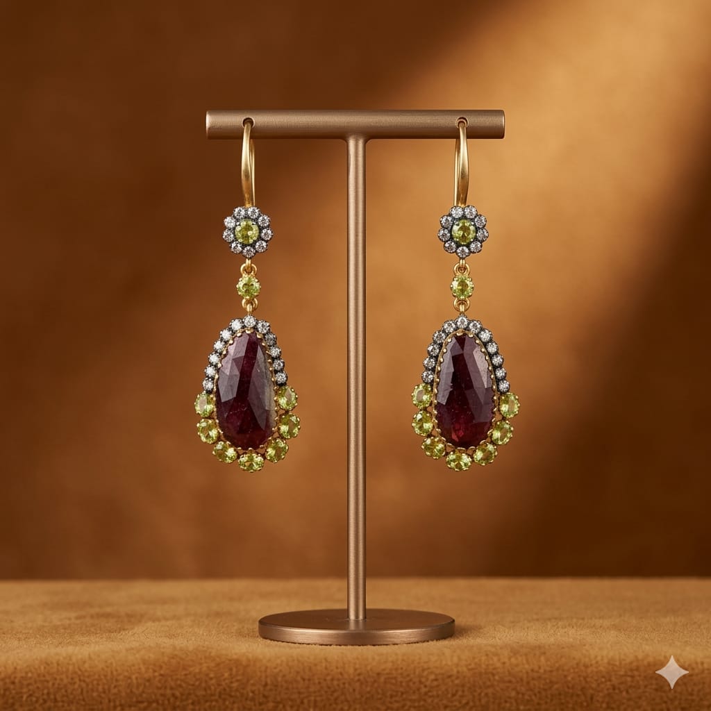 Handcrafted Sterling Silver Brown Sapphire, Peridot & White Sapphire Earrings
