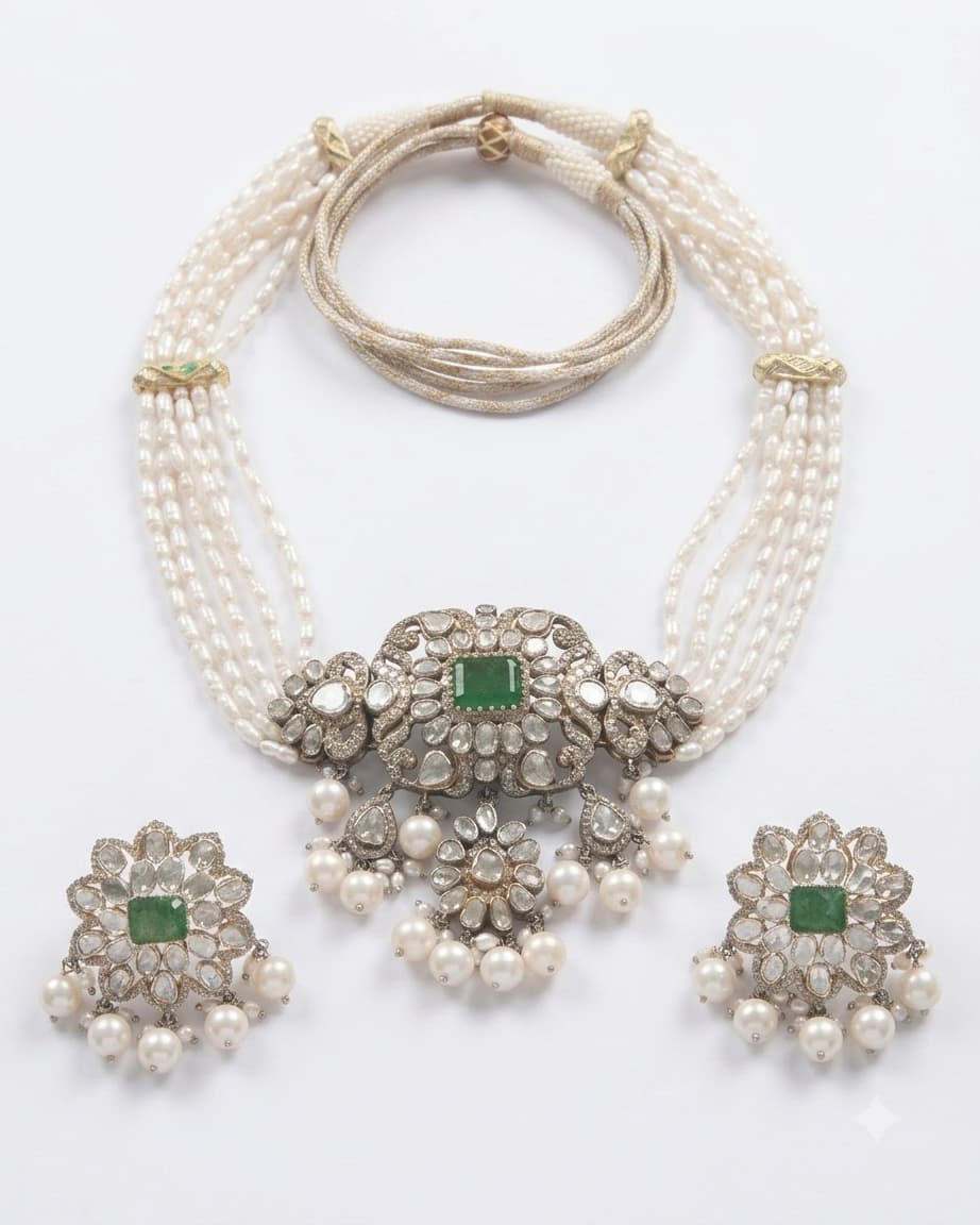 Handcrafted Sterling Silver Choker Necklace & Earrings Set with Jade, Natural Diamond Polki, Diamonds & Freshwater Pearls