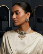 Handcrafted Sterling Silver Choker Necklace & Earrings Set with Jade, Natural Diamond Polki, Diamonds & Freshwater Pearls