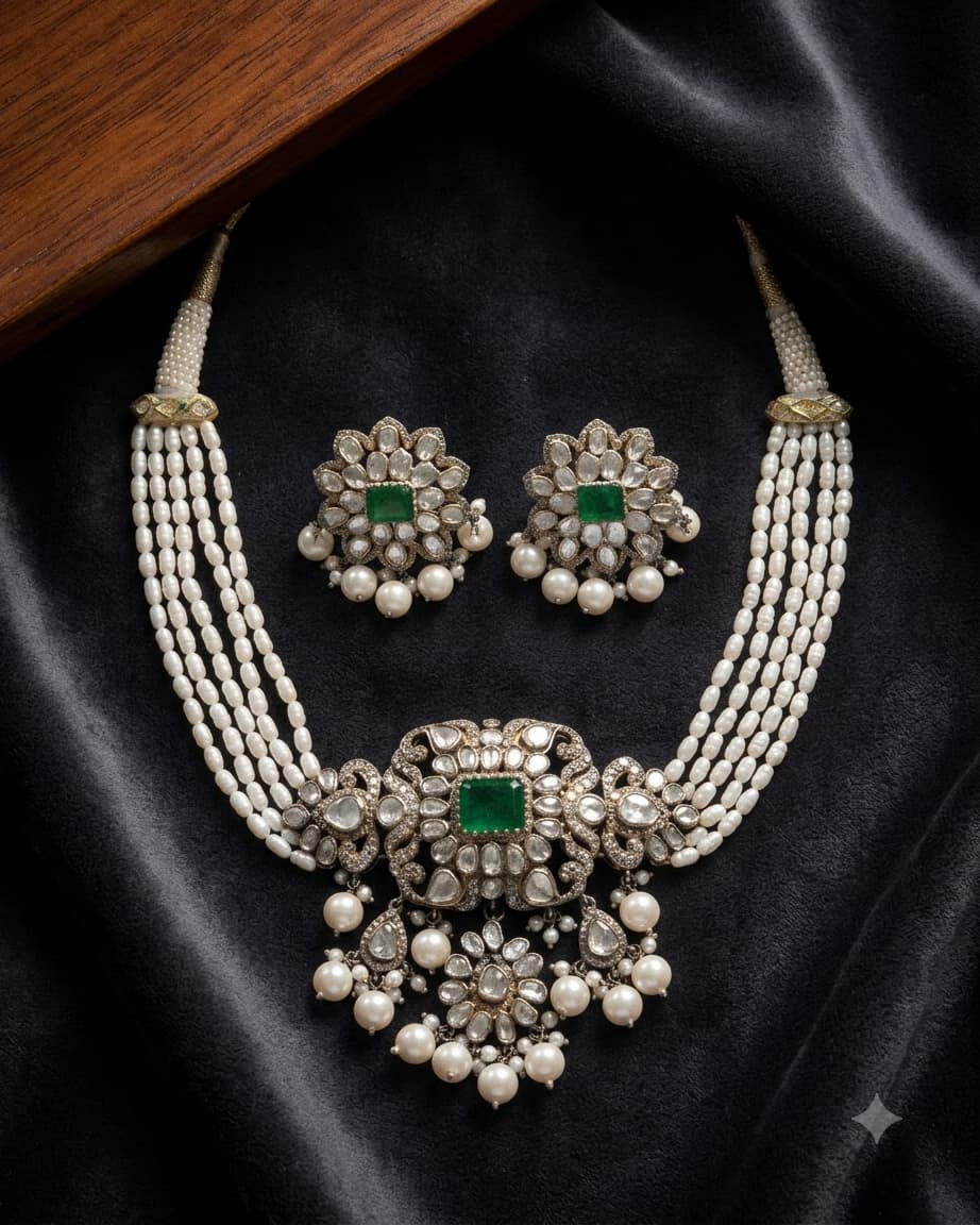 Handcrafted Sterling Silver Choker Necklace & Earrings Set with Jade, Natural Diamond Polki, Diamonds & Freshwater Pearls