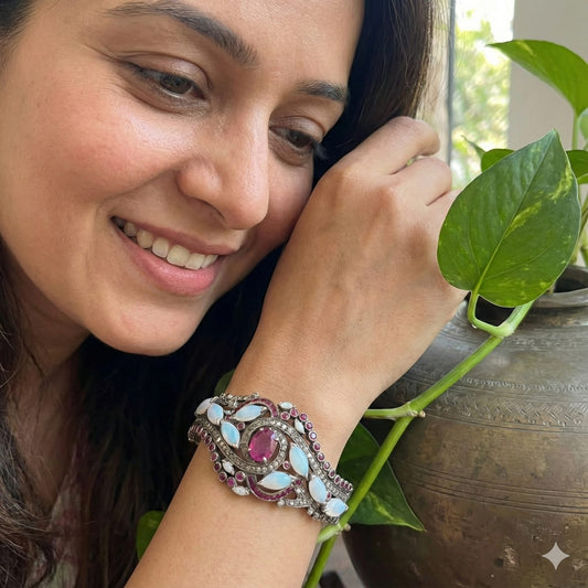 Handcrafted Sterling Silver Cuff Bracelet with Thai Ruby, Ethiopian Opals & Diamonds - Antiqa Handcrafted