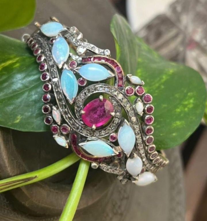 Handcrafted Sterling Silver Cuff Bracelet with Thai Ruby, Ethiopian Opals & Diamonds