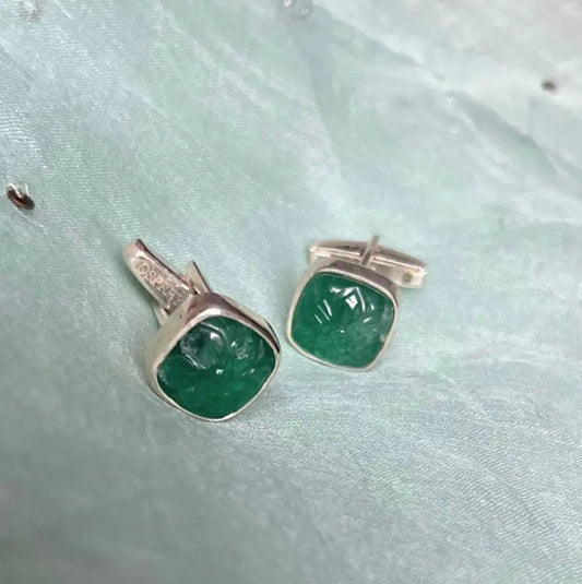 Handcrafted Sterling Silver Cufflinks with Carved Green Aventurine – Elegant Statement Accessory - Antiqa Handcrafted