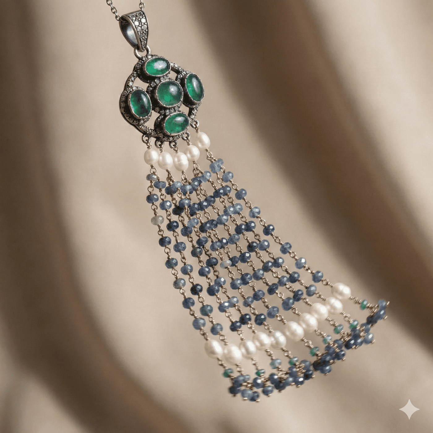 Handcrafted Sterling Silver Emerald Tassel Pendant with Zambian Emeralds & Diamonds