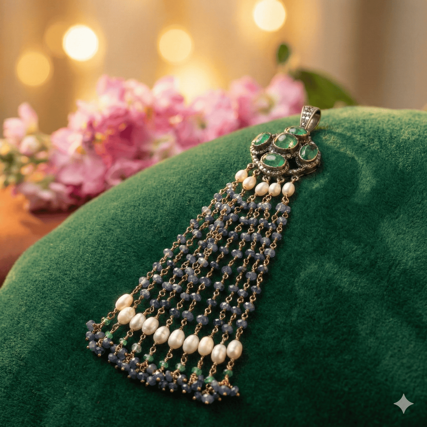 Handcrafted Sterling Silver Emerald Tassel Pendant with Zambian Emeralds & Diamonds
