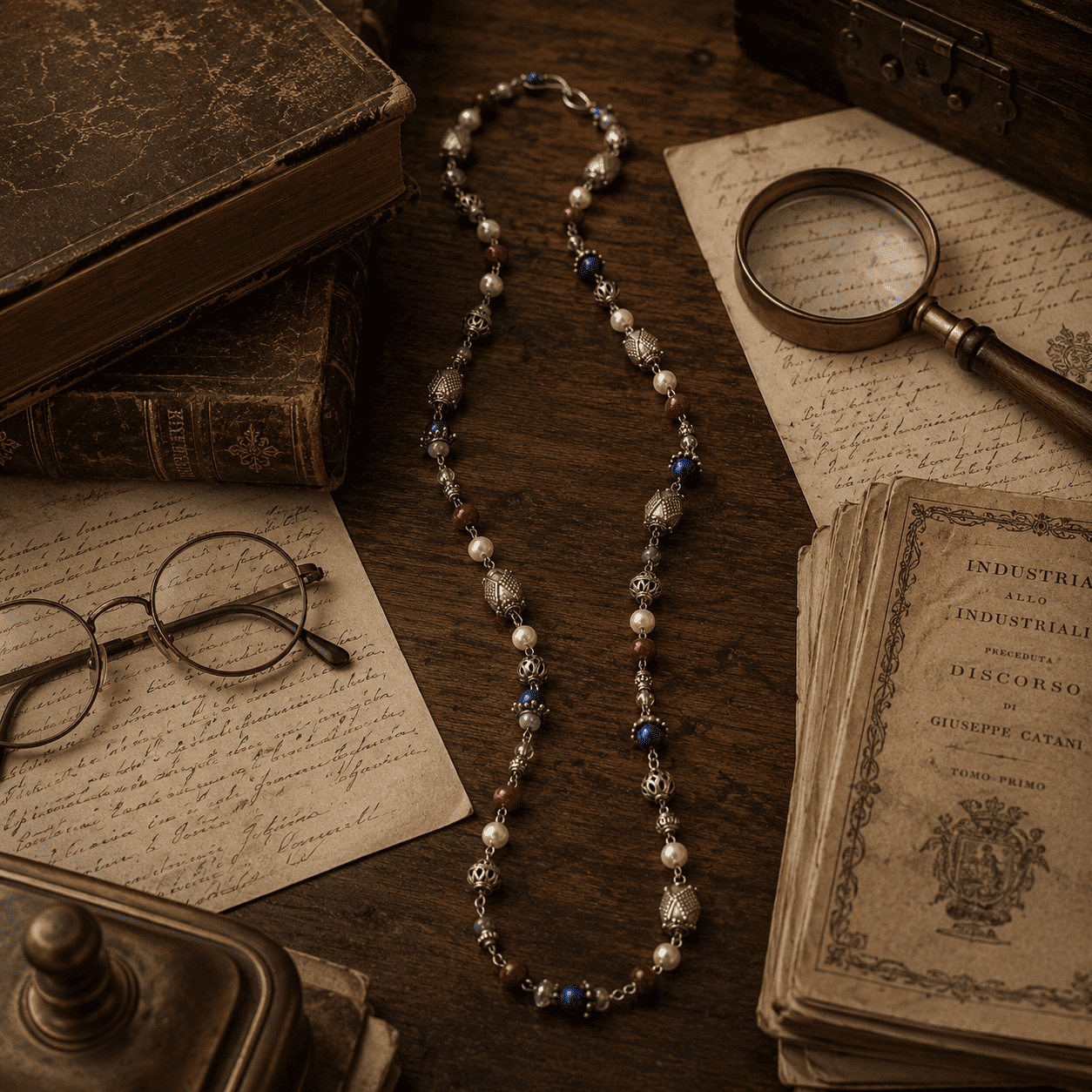 Handcrafted Sterling Silver Gemstone Necklace with Pearls, Ruby, Lapis Lazuli & Aquamarine