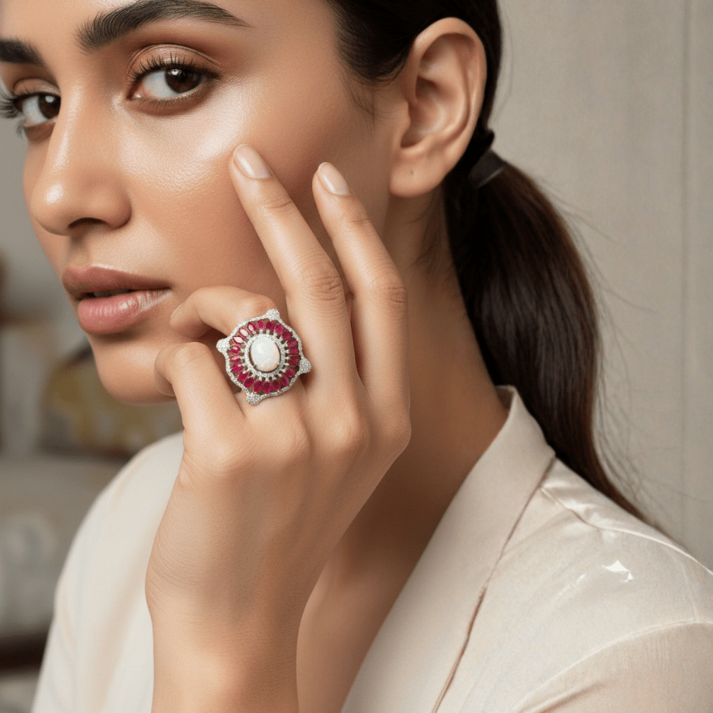 Handcrafted Sterling Silver Opal Ring with Melee Diamonds & Ruby Accents
