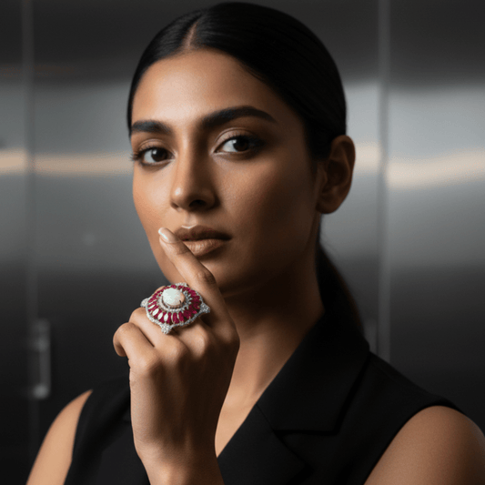 Handcrafted Sterling Silver Opal Ring with Melee Diamonds & Ruby Accents - Antiqa Handcrafted