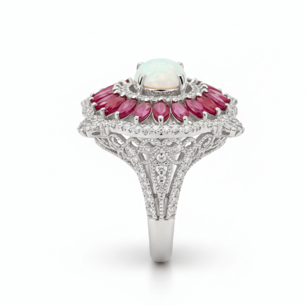 Handcrafted Sterling Silver Opal Ring with Melee Diamonds & Ruby Accents